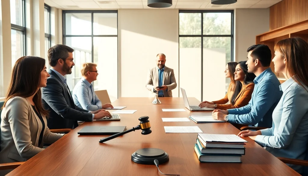 Clients meeting with a lawyer from https://www.arcalaw.com in a modern office setting.