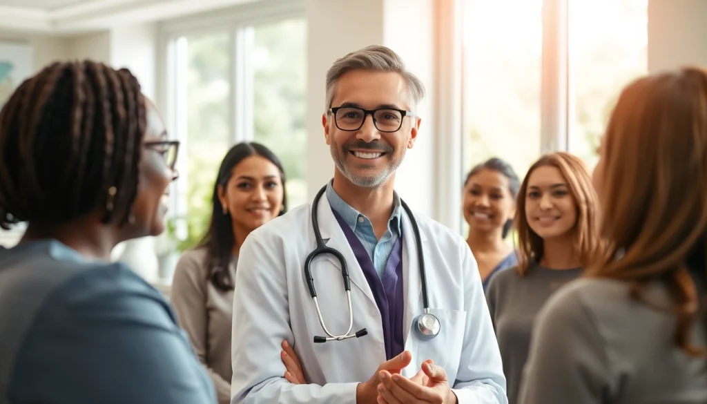 Health professional interacting with diverse patients in a welcoming clinic.