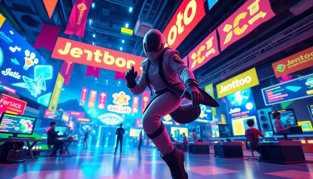 Jentoto interaktif yang menggambarkan karakter permainan dan atmosfer yang dinamis.