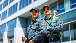 Security Guards standing confidently in an urban setting, symbolizing protection and readiness.