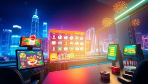 Menampilkan antarmuka permainan online sayaptogel dengan kota futuristik sebagai latar belakang.