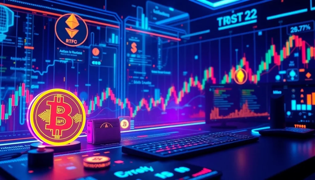 Scena handlu kryptowalutami z sieciami blockchain, wykresami handlu Bitcoin i interfejsami portfeli cyfrowych.