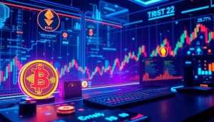 Scena handlu kryptowalutami z sieciami blockchain, wykresami handlu Bitcoin i interfejsami portfeli cyfrowych.