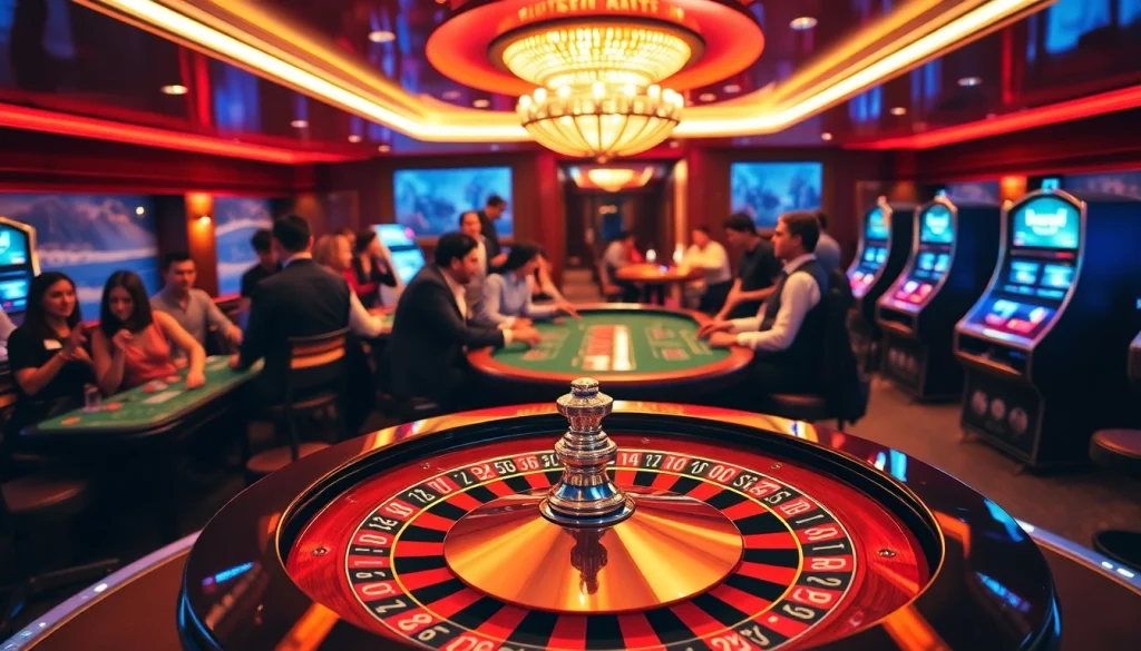 Experience the excitement of gambling on XX88 Boats, with players at a lively casino table, vibrant poker chips, and roulette wheels.