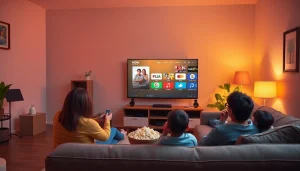 Mom IPTV review showcasing a family enjoying streaming with vibrant TV interface in a cozy living room.
