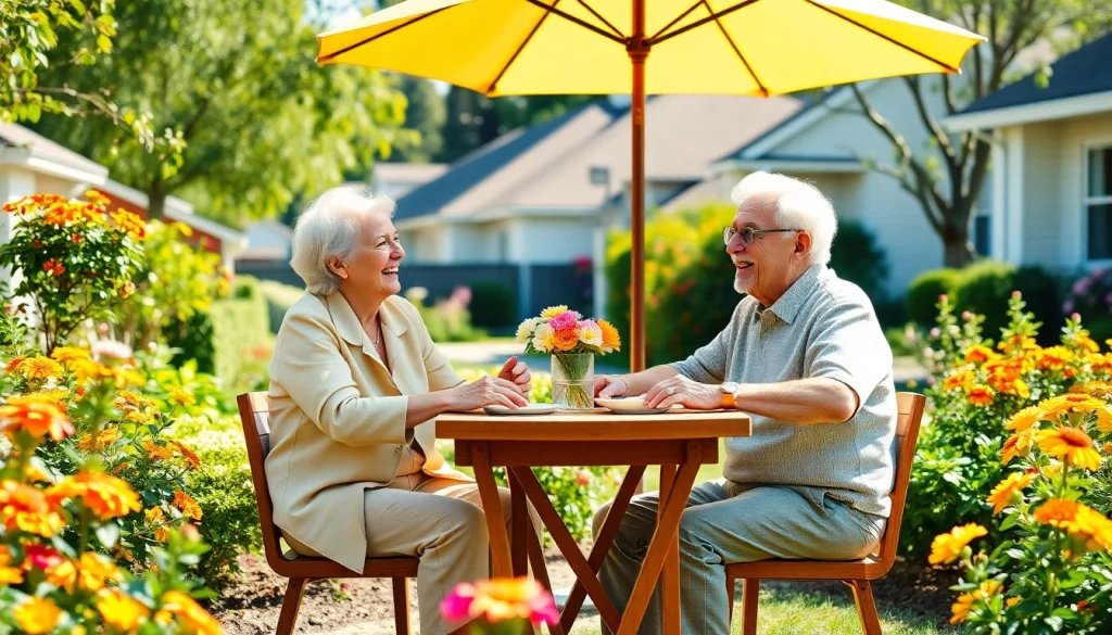 Couple embracing a fulfilling retirement lifestyle via https://frontidas.com in a sunny garden setting.