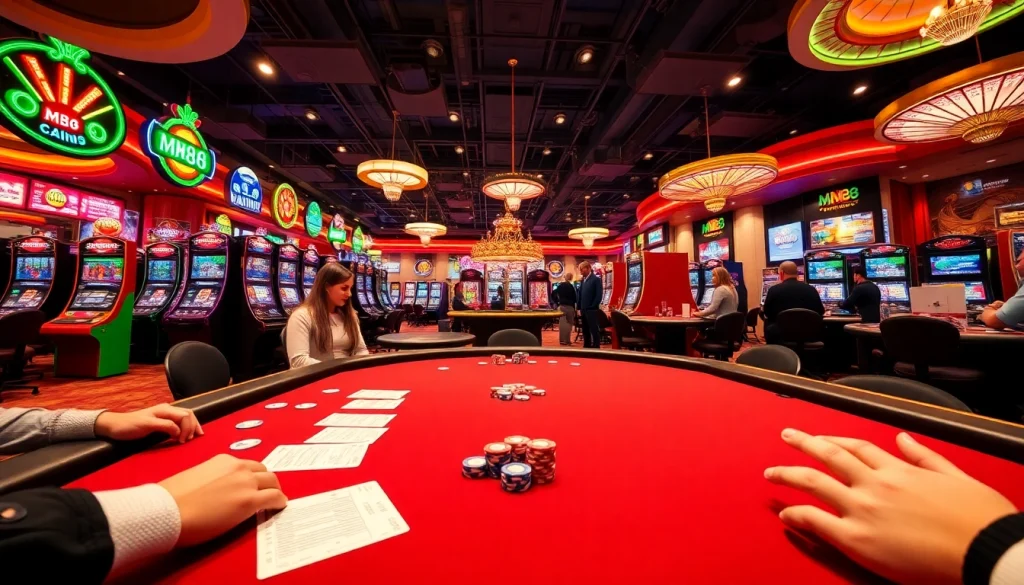 Experience the thrill of winning at MM88 with vibrant casino tables, cards, and lively players.
