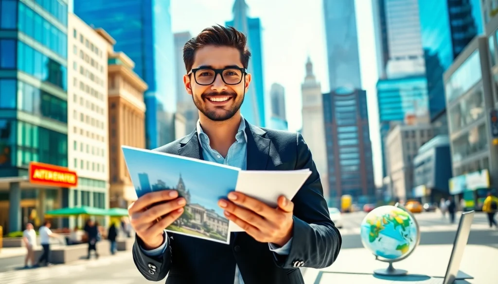 Highlighting international real estate opportunities through an expert agent in a global cityscape.