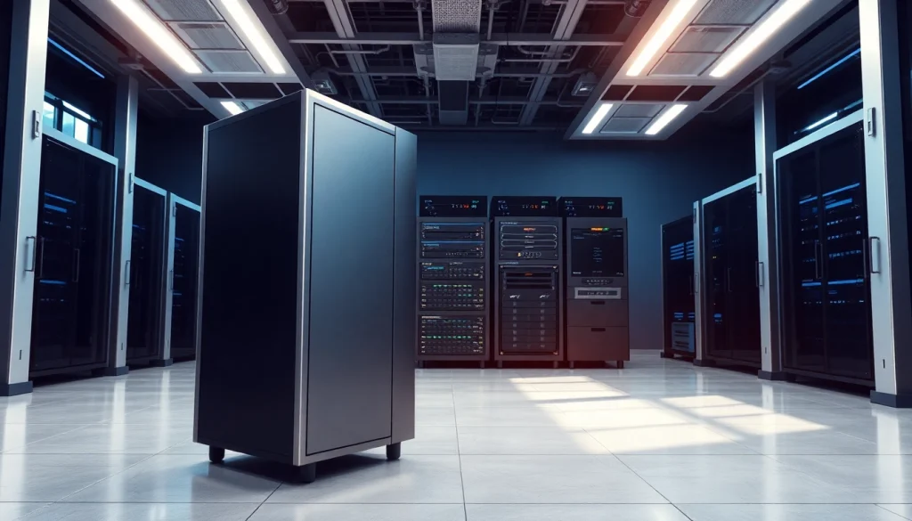 Showcasing NAS & SAN Storage Deployment in a modern server room filled with high-tech equipment.