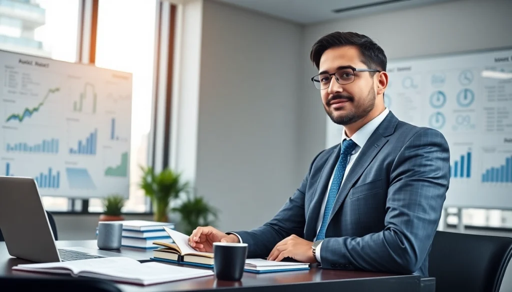 Berater von https://zukunftkapital.de analysiert Investitionen in modernem Büro.