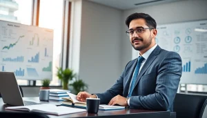 Berater von https://zukunftkapital.de analysiert Investitionen in modernem Büro.