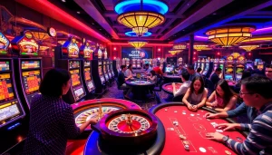 A lively casino scene featuring KJC AC 1 with slot machines, roulette wheels, and players enjoying poker.