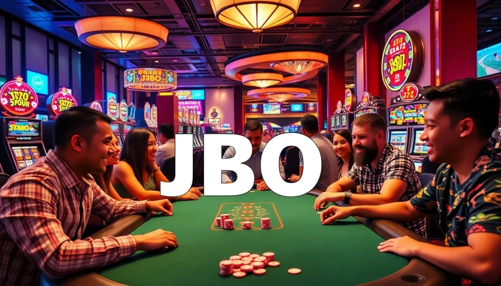 Players enjoy an exhilarating game of poker at the JBO table in a lively casino setting.
