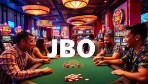 Players enjoy an exhilarating game of poker at the JBO table in a lively casino setting.
