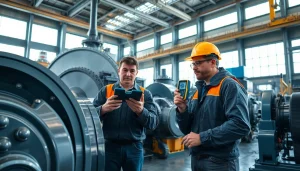 Conducting a noise assessment survey with professionals measuring sound levels in an industrial environment.