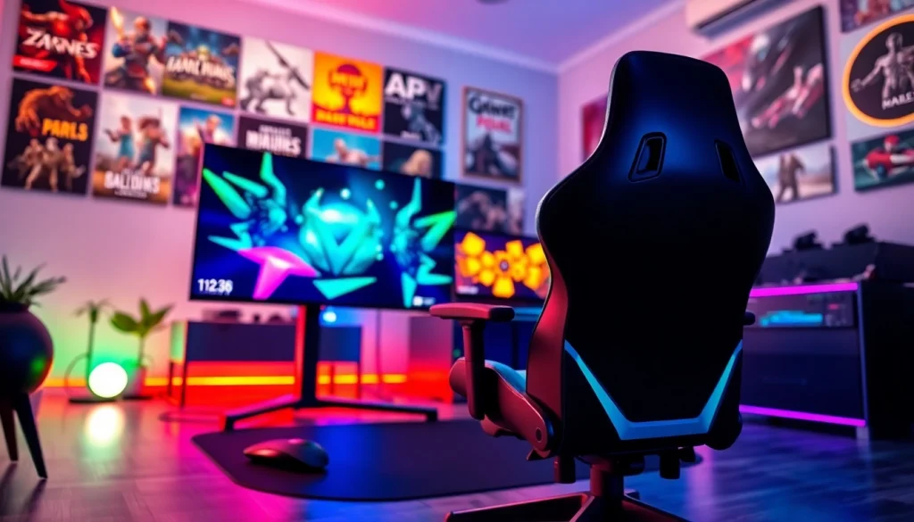 Capture the immersive setup of a professional gaming area featuring high-tech gear at https://gamelevate.com.