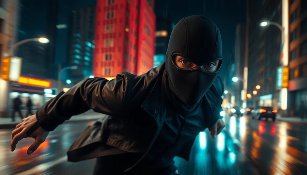 Masked character racing through rain-soaked streets in an action thriller chase scene.