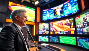 스포츠중계가 진행되는 방송 스튜디오의 열정적인 해설자 모습.