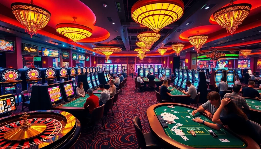 Experience the thrill of the casino at 89bet.house with players at vibrant tables, roulette wheels, and slot machines.