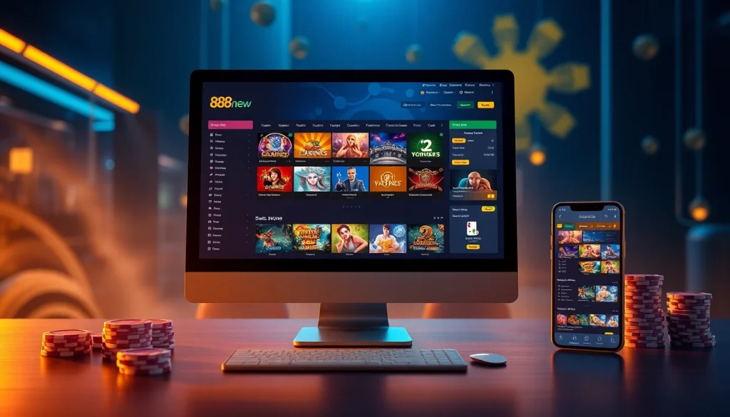 Interactive 888new online gambling interface featuring casino games and sports betting.