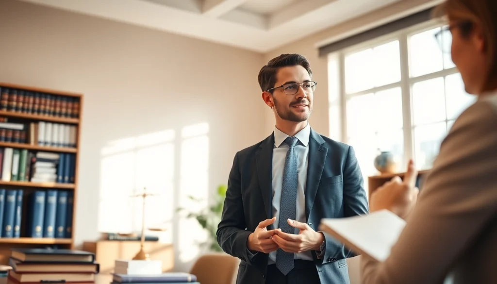 Consulting at https://www.fritschlawfirm.com, a professional lawyer guides a client in a well-lit office.