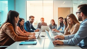 Showcase a diverse team of IT Companies professionals collaborating in a modern office.