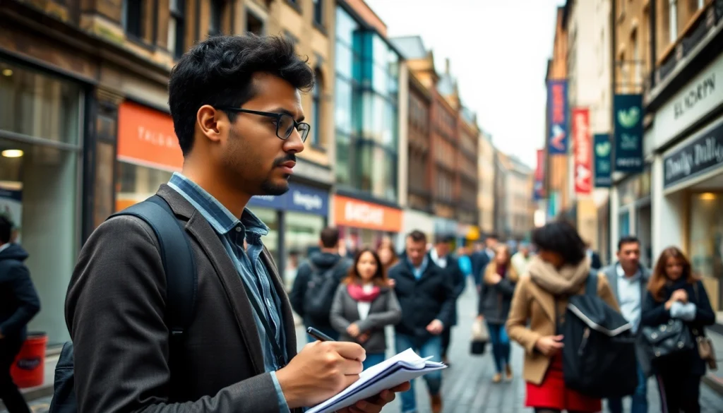 Capture the vibrant city life of Bradford news with a journalist documenting scenes on the street.