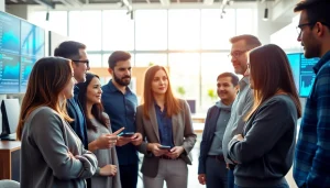 IT Companies team collaborating in a modern workspace with vibrant technology displays.