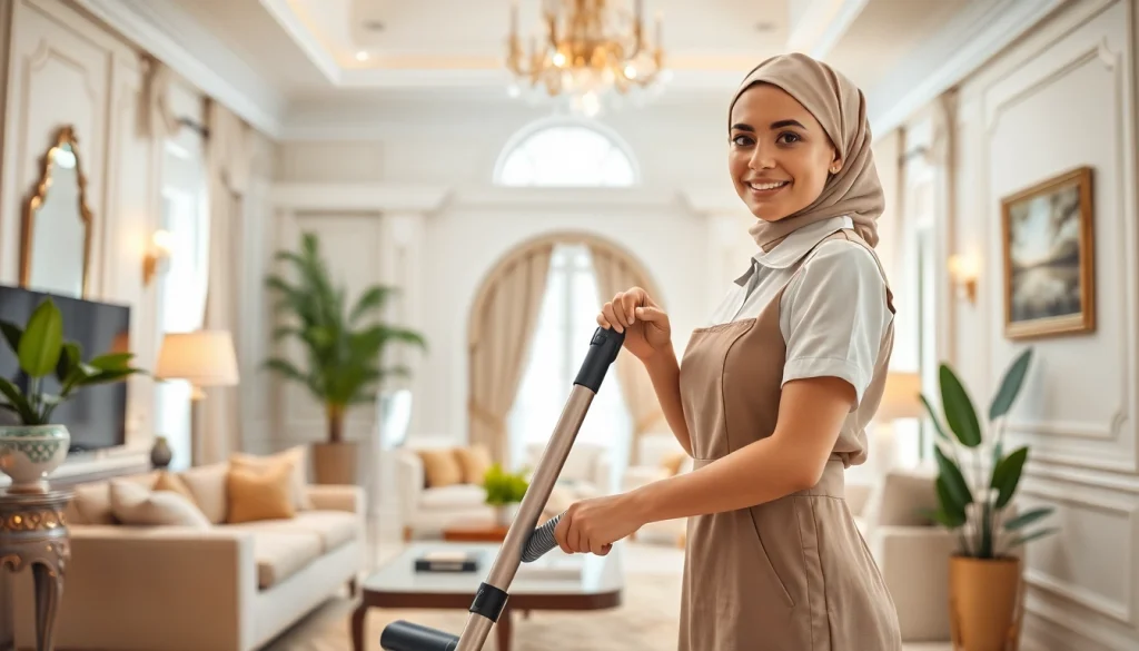 Maid Abu Dhabi efficiently managing household tasks in a luxurious Emirati home.