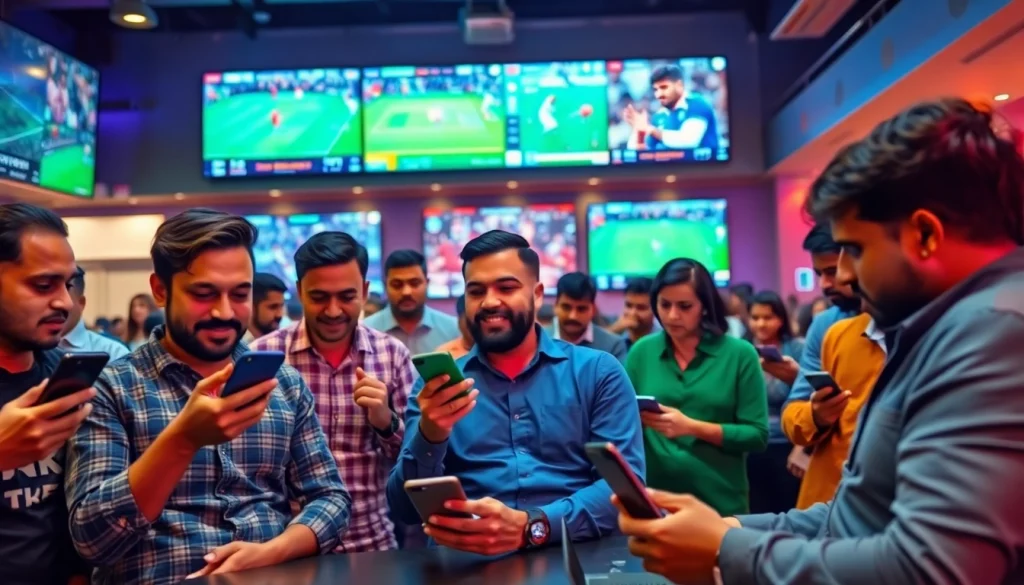 Engaged audience experiencing sports betting in India at a lively betting lounge, showcasing excitement.