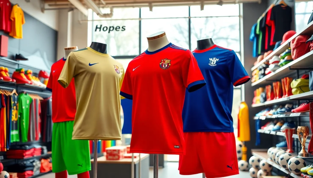 Showcasing vibrant football kits in a sports store setting, highlighting their color and design.