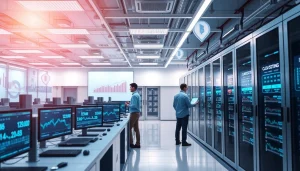 Innovative cloud mining facility showcasing advanced technology and cryptocurrency data.