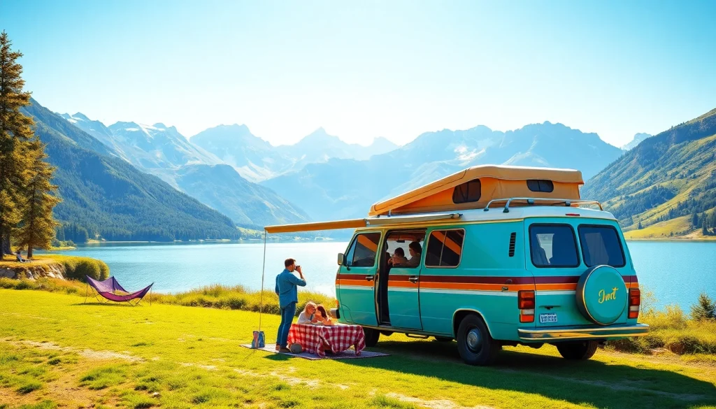 Abenteurer-Familie vor ihrem Camper bei https://fernweh-abenteuer.de am See.
