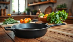 Showcasing premium cast iron cookware NZ on a rustic kitchen table with fresh ingredients.