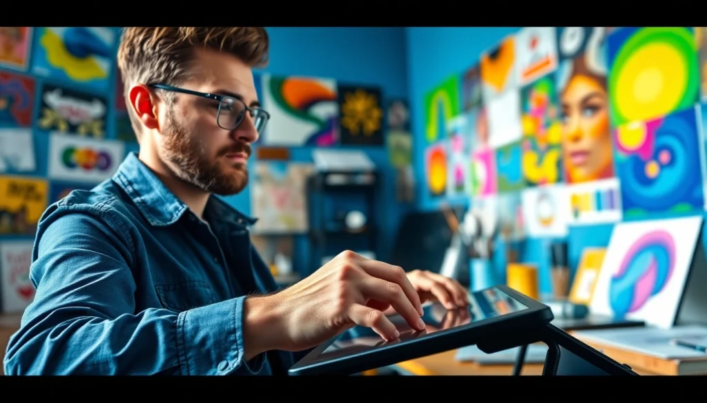 Artist creating vibrant digital art, showcasing vj88's creative process in a studio environment.