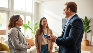 Real Estate consultation between a professional agent and a couple in a modern living room.