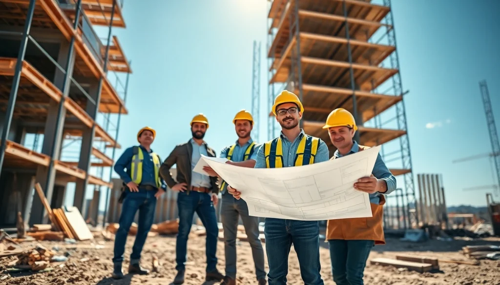 Find expert good builders near me collaborating on a construction project with blueprints.