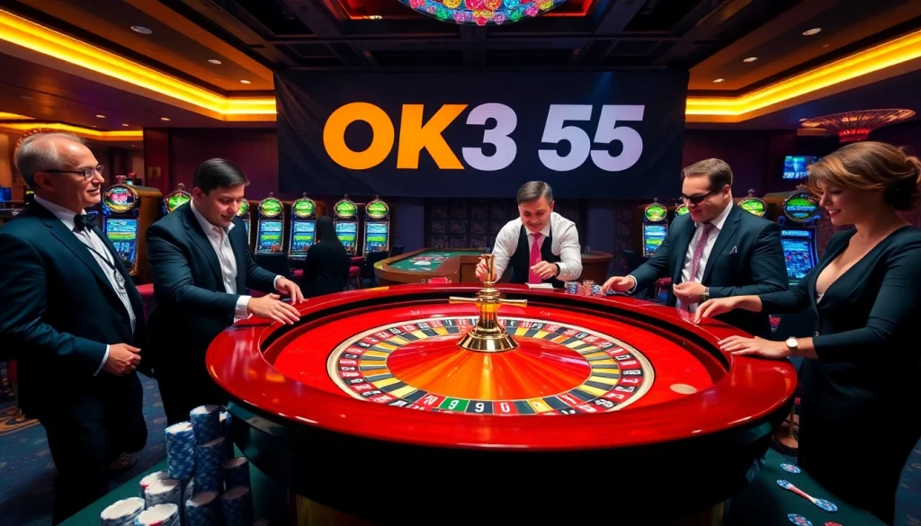 Players engaging at the OK365 roulette table, showcasing excitement and luxury in gambling.
