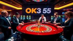 Players engaging at the OK365 roulette table, showcasing excitement and luxury in gambling.