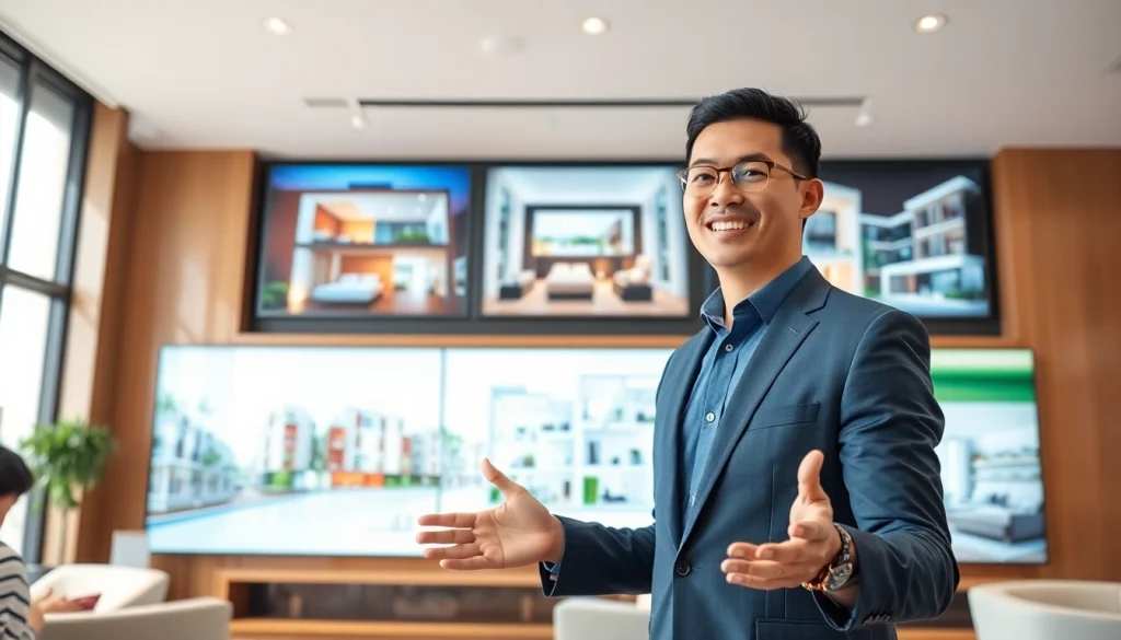 Showcase of new launch condos from https://newdeveloperlaunch.sg with a real estate agent engaging clients.