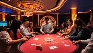 Players enjoying poker with vibrant chips and cards at say88's luxurious casino.