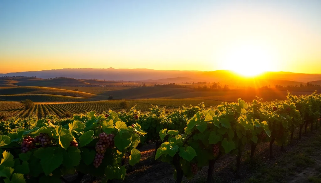 A scenic sunset over Clarksburg, CA, highlighting lush vineyards and the Sierra Nevada backdrop.
