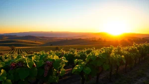 A scenic sunset over Clarksburg, CA, highlighting lush vineyards and the Sierra Nevada backdrop.
