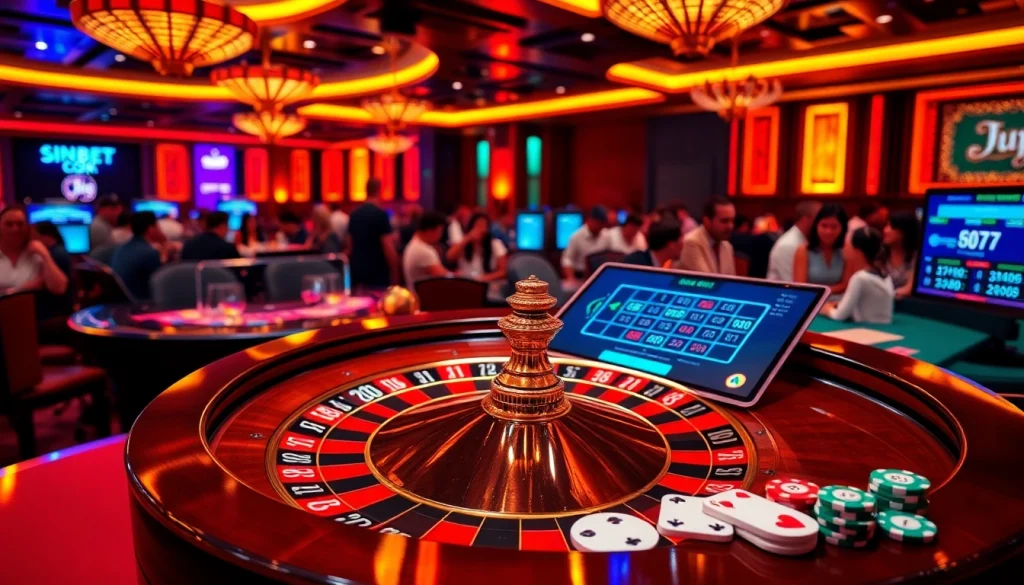 A vibrant casino scene at sinbet.ink with roulette, poker chips, and a lively atmosphere.