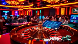A vibrant casino scene at sinbet.ink with roulette, poker chips, and a lively atmosphere.