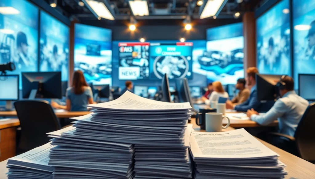 Report breaking news at https://saudiwadi.com in a busy newsroom with journalists and technology.