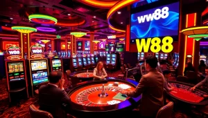 Players enjoying thrilling games at W88's luxurious casino with roulette and slot machines.