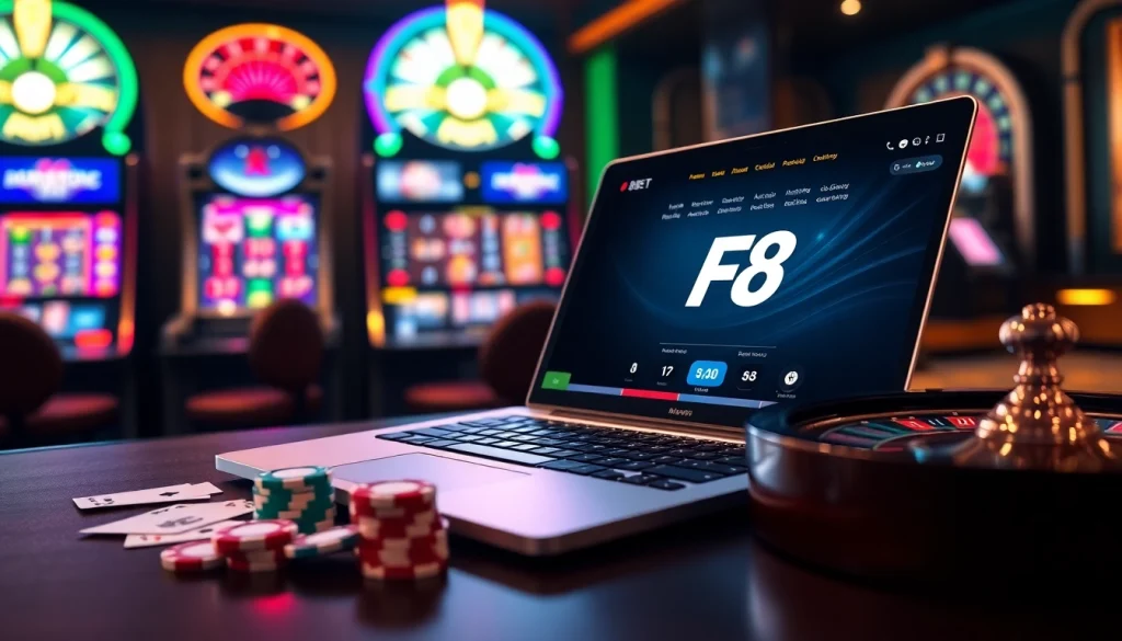 Experience F8 BET online gaming with vibrant casino elements and a luxurious atmosphere.