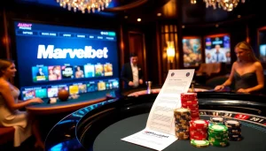 Marvelbet offers a vibrant casino atmosphere with roulette, betting slips, and glowing chips.