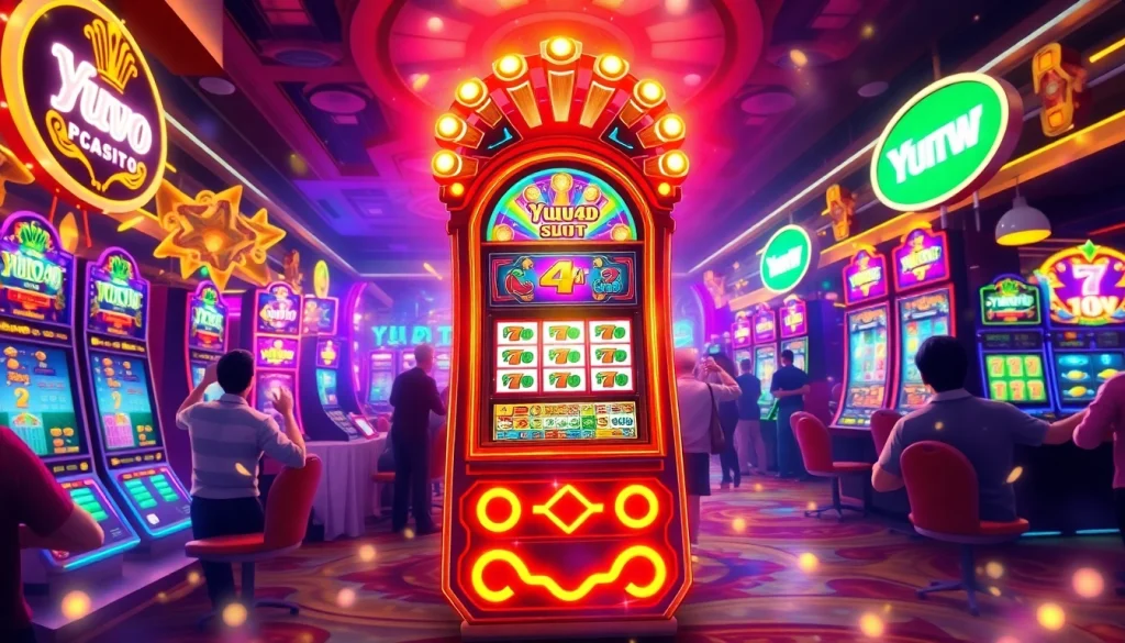 Mainkan yuyu4d slot dengan mesin jackpot berwarna cerah dan pemain merayakan kemenangan.